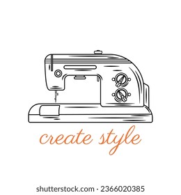 Vector illustration on the theme sewing tools. Sewing machine on white background in outline style and slogan create style
