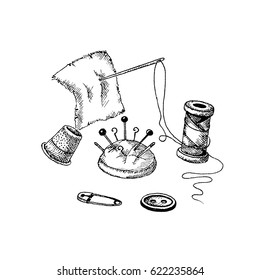 Vector illustration on a theme of sewing manufacture. Accessories. It is executed in the form of a sketch. Isolated on white background