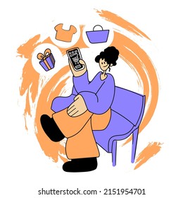 Ilustración vectorial sobre el tema de las compras. Mujer haciendo compras en línea.