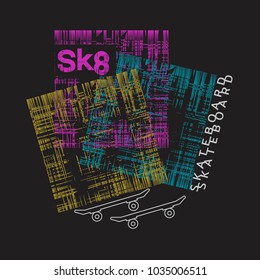 Vector illustration on the theme of skateboard and skateboarding. Grunge background. Sport typography, t-shirt graphics, print, poster, stencil, banner, flyer, postcard