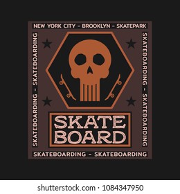 Vector illustration on the theme of skateboard and skateboarding in New York City Brooklyn.  Skull typography, t-shirt graphics, poster, print, banner, flyer, postcard