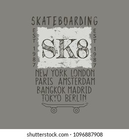 Vector illustration on the theme of skateboard and skateboarding in New York, London, Paris, Tokyo, Berlin, Amsterdam, Bangkok and Madrid. Typography, t-shirt graphics, poster, print, banner, flyer