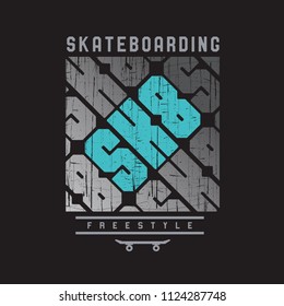 Vector illustration on the theme of skateboard and skateboarding. Grunge background. Sport typography, t-shirt graphics, print, poster, banner, flyer, postcard