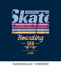 Vector illustration on the theme of skateboard and skateboarding. Grunge background. Sport typography, t-shirt graphics, print, poster, banner, flyer, postcard