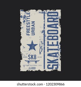 Ilustración vectorial sobre el tema del skateboard y el skateboarding. Diseño de época.Borde fondo. Tipografía deportiva, gráficos en pantalones, impresión, afiche, pancarta, volante, postal