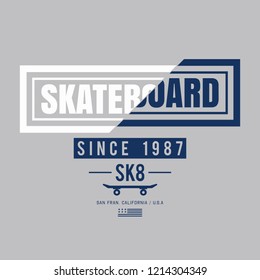 Ilustración vectorial sobre el tema del skateboard y el skateboarding.  Tipografía deportiva, gráficos en pantalones, impresión, afiche, pancarta, volante, postal