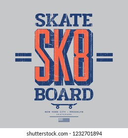 Vector illustration on the theme of skateboard and skateboarding. Vintage design. Grunge background. Sport typography, t-shirt graphics, print, poster, banner, flyer, postcard