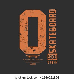 Vector illustration on the theme of skateboard and skateboarding. Vintage design. Grunge background. Number sport typography, t-shirt graphics, print, poster, banner, flyer, postcard