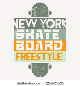Vector illustration on the theme of skateboard and skateboarding in New York City. Vintage design. Grunge background. Sport typography, t-shirt graphics, print, poster, banner, flyer, postcard