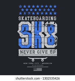 Vector illustration on the theme of skateboard and skateboarding in New York City. Vintage design. Grunge background. Sport typography, t-shirt graphics, print, poster, banner, flyer, postcard