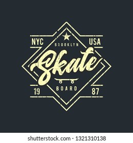 Vector illustration on the theme of skateboard and skateboarding in New York City. Vintage design. Grunge background. Stump typography, t-shirt graphics, print, poster, banner, flyer, postcard