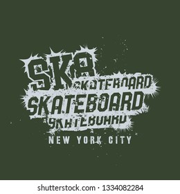 Vector illustration on the theme of skateboard and skateboarding in New York City. Vintage design. Grunge background. Sport typography, t-shirt graphics, print, poster, banner, flyer, postcard