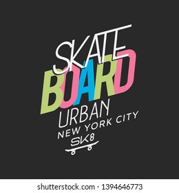 Vector illustration on the theme of skateboard and skateboarding in New York City.  Typography, t-shirt graphics, print, poster, banner, flyer, postcard