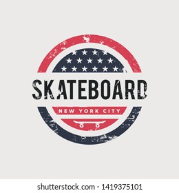 Vector illustration on the theme of skateboard and skateboarding in New York City. Vintage design. Grunge background. Stamp typography, t-shirt graphics, print, poster, banner, flyer, postcard