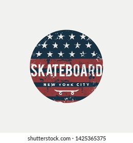 Vector illustration on the theme of skateboard and skateboarding in New York City. Vintage design. Grunge background.  