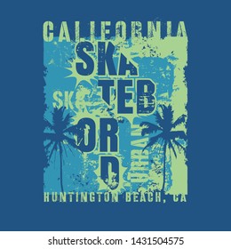 Vector illustration on the theme of skateboard and skateboarding in California. Vintage design. Grunge background. Sport typography, t-shirt graphics, print, poster, stencil, banner, flyer, postcard