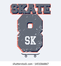 Vector illustration on the theme of skateboard and skateboarding. Grunge background. Number sport typography, t-shirt graphics, print, poster, banner, flyer, postcard