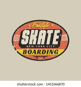 Vector illustration on the theme of skateboard and skateboarding in New York City. Vintage design. Grunge background. Stamp typography, t-shirt graphics, print, poster, banner, flyer, postcard