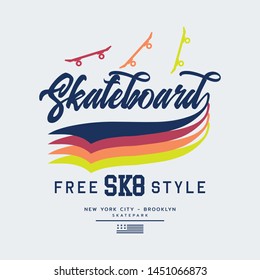 Vector illustration on the theme of skateboard and skateboarding in New York City. Vintage design. Sport typography, t-shirt graphics, print, poster, banner, flyer, postcard