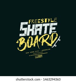 Vector illustration on the theme of skateboard and skateboarding in New York City. Vintage design. Grunge background. Sport typography, t-shirt graphics, print, poster, banner, flyer, postcard