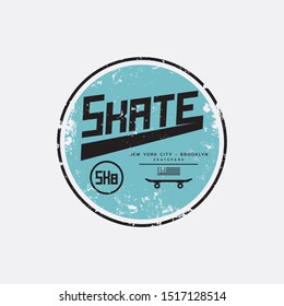 Vector illustration on the theme of skateboard and skateboarding in New York City. Vintage design. Grunge background. Stump typography, t-shirt graphics, print, poster, banner, flyer, postcard