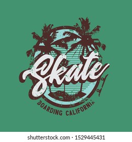 Vector illustration on the theme of skateboard and skateboarding in California. Vintage design. Grunge background. Stump typography, t-shirt graphics, print, poster, banner, flyer, postcard