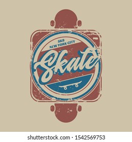 Vector illustration on the theme of skateboard and skateboarding in New York City. Vintage design. Grunge background. 