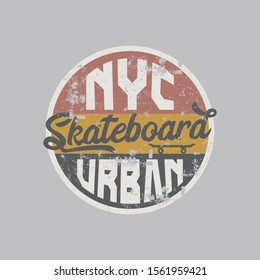 Vector illustration on the theme of skateboard and skateboarding in New York City. Vintage design. Grunge background. Stump typography, t-shirt graphics, print, poster, banner, flyer, postcard