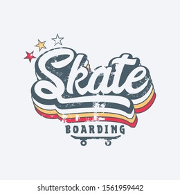 Vector illustration on the theme of skateboard and skateboarding. Vintage design. Grunge background. Sport typography, t-shirt graphics, print, poster, stencil, banner, flyer, postcard