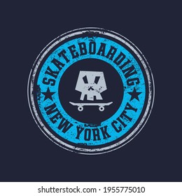 Vector illustration on the theme of skateboard and skateboarding in New York City. Vintage design. Grunge background.  Stump typography, t-shirt graphics, print, poster, banner, flyer, postcard