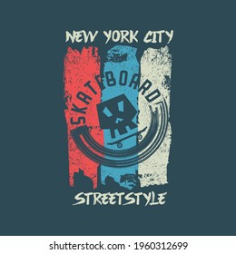 Vector illustration on the theme of skateboard and skateboarding in New York City. Vintage design. Sport typography, t-shirt graphics, print, poster, banner, flyer, postcard