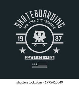 Vector illustration on the theme of skateboard and skateboarding in New York City, Brooklyn. Skull typography, t-shirt graphics, print, poster, banner, flyer, postcard