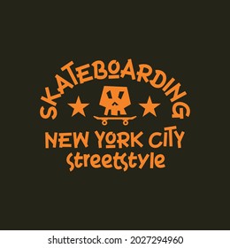 Vector illustration on the theme of skateboard and skateboarding in New York City. Skull typography, t-shirt graphics, print, poster, banner, flyer, postcard