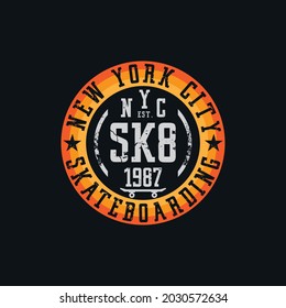 Vector illustration on the theme of skateboard and skateboarding in New York City. Vintage design. Stump typography, t-shirt graphics, print, poster, banner, flyer, postcard