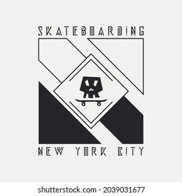 Vector illustration on the theme of skateboard and skateboarding in New York City. Skull typography, t-shirt graphics, print, poster, banner, flyer, postcard