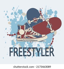 Vector illustration on the theme of a skateboard and sneakers. Sports typography, t-shirt graphics, print, poster, stencil, banner, flyer, postcard