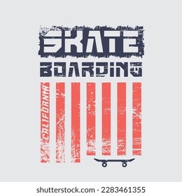 Vector illustration on the theme of skateboard and skateboarding in California. Vintage design. Grunge background. Sport typography, t-shirt graphics, print, poster, banner, flyer, postcard