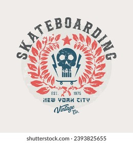 Vector illustration on the theme of skateboard and skateboarding. Vintage design. Grunge background. Skull typography, t-shirt graphics, print, poster, stencil, banner, flyer, postcard