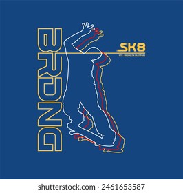 Vector illustration on the theme of skateboard and skateboarding. Vintage design. Grunge background. Sport typography, t-shirt graphics, print, poster, 