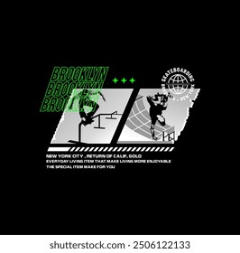 Vector illustration on the theme of skateboard and skateboarding. Vintage design. Grunge background. Sport typography, t-shirt graphics, print, poster, 