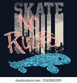 Vector illustration on the theme of skateboard and skateboarding in New York City. Vintage design. Grunge background. Sport typography, t-shirt