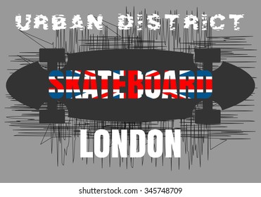 Vector illustration on the theme of skateboard and skateboarding of London, England. British flag. Typography, t-shirt graphics, poster, banner, flyer, postcard