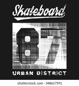 Vector illustration on the theme of skateboard and skateboarding. Grunge style. Typography, t-shirt graphics, poster, banner, flyer, postcard