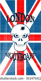 Vector illustration on the theme of skateboard and skateboarding. British flag. Skull.  Grunge style. Typography, t-shirt graphics, poster, banner, flyer, postcard