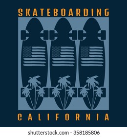 Vector illustration on the theme of skateboard and skateboarding of California. American flag. Typography, t-shirt graphics, poster, banner, flyer, postcard