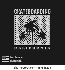 Vector illustration on the theme of skateboard and skateboarding of California, Los Angeles.  Grunge background. Typography, t-shirt graphics, poster, banner, flyer, postcard