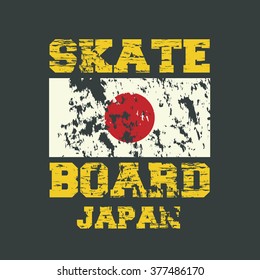 Vector illustration on the theme of skateboard and skateboarding of Japan. Japanese flag. Vintage design. Grunge background. Typography, t-shirt graphics, poster, banner, flyer, postcard