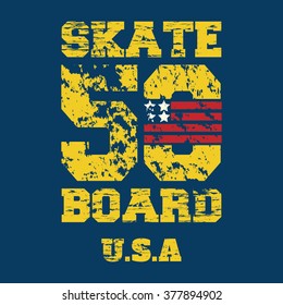 Vector illustration on the theme of skateboard and skateboarding of  USA.  Vintage design. Grunge background. Typography, t-shirt graphics, poster, banner, flyer, postcard