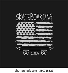 Vector illustration on the theme of skateboard and skateboarding of  USA.  Stylized American flag. Typography, t-shirt graphics, poster, banner, flyer, postcard