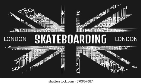 Vector illustration on the theme of skateboard and skateboarding of London, England. Stylized British flag. Typography, t-shirt graphics, poster, banner, flyer, postcard

